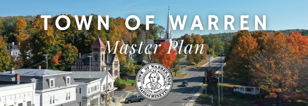 aerial view of downtown Warren, with town of warren seal