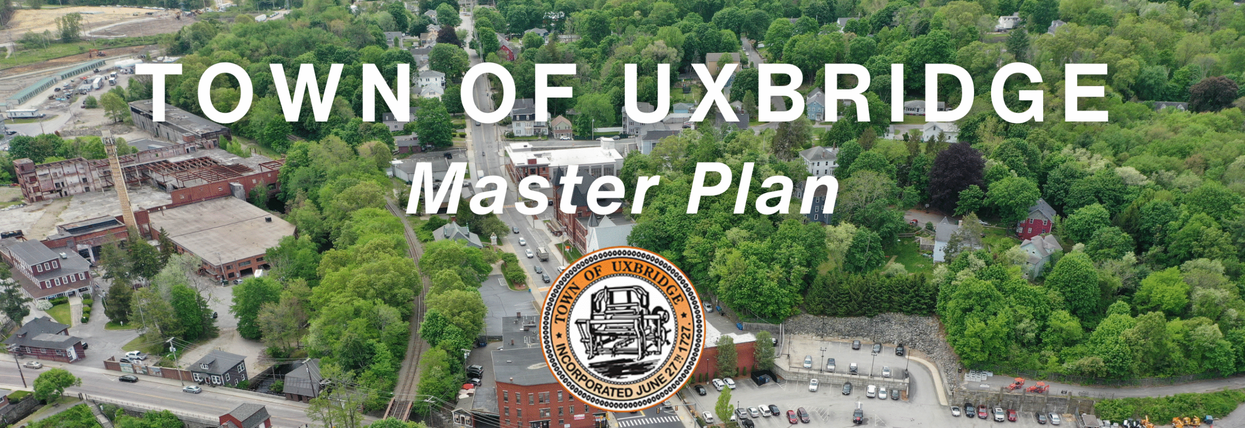 Uxbridge Master Plan text with aerial image of downtown uxbridge
